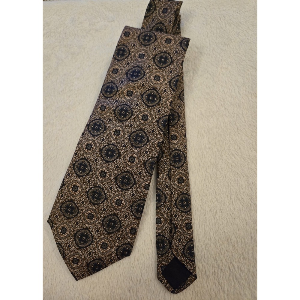 Vintage Etienne Aigner Men's Silk Tie USA Geometric Medallion Gold Dark Navy